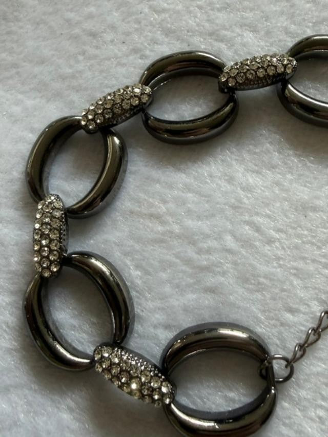 Gunmetal Oval Link Rhinestone Accent Bracelet 8” Adjustable Statement