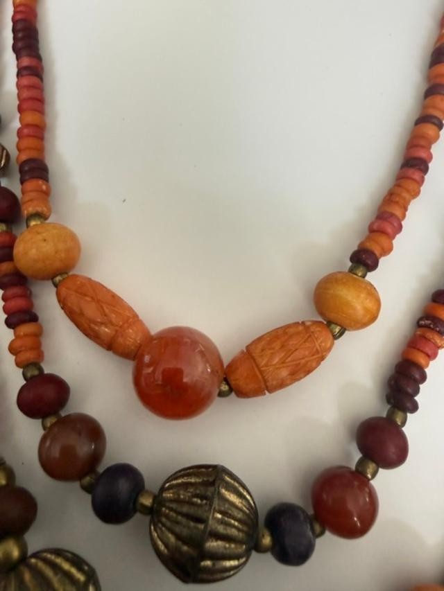 Boho Tribal Bead Necklace Earrings Set Orange Red Brass Tone Dangles