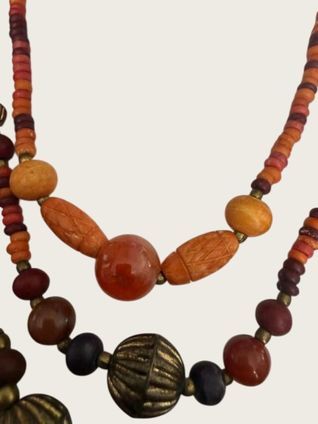 Boho Tribal Bead Necklace Earrings Set Orange Red Brass Tone Dangles