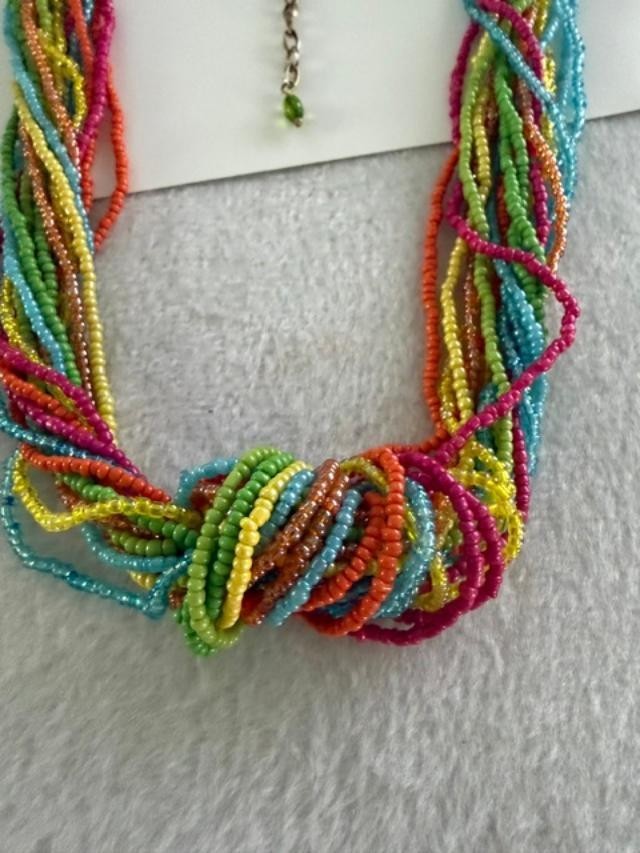 40" Multi Strand Rainbow Seed Bead Necklace Boho Knot Colorful Beaded