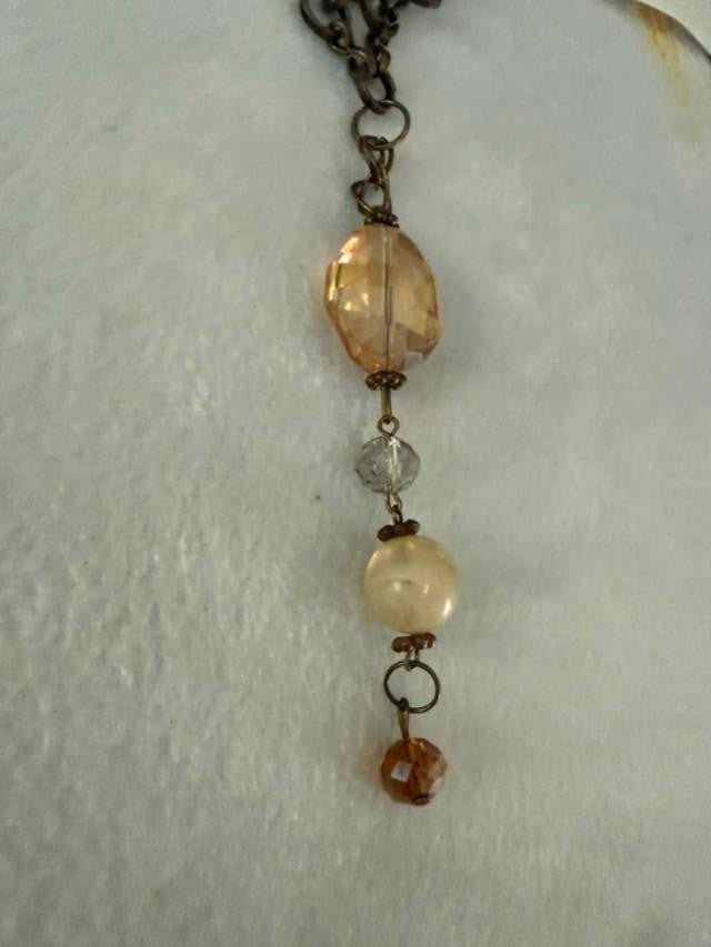 Vintage Style Bronze Tone Y Drop Necklace Champagne Amber Beads 22"