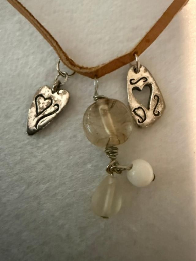 Brown Suede Cord Heart Charm Beaded Choker Necklace 14" Silver Tone