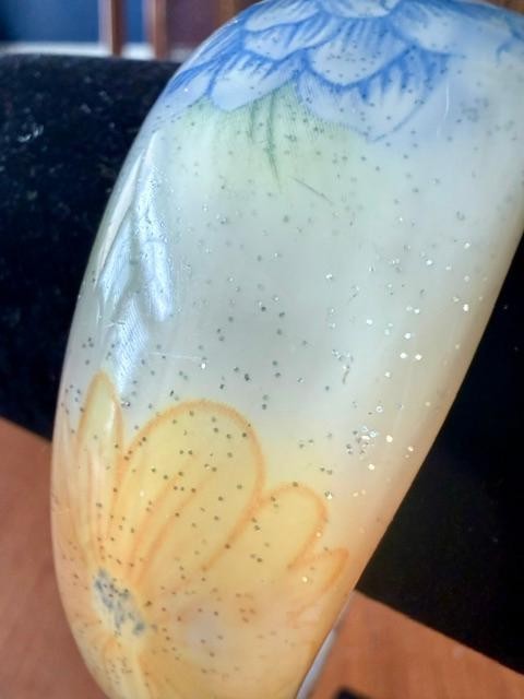 Vintage 1970s Floral Glitter Lucite Bangle Bracelet Blue Yellow 1.25" Wide