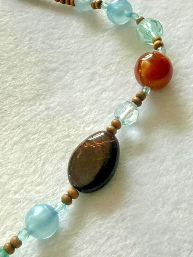 Boho Wood Donut Pendant Beaded Necklace Aqua Brown Glass Beads 20"