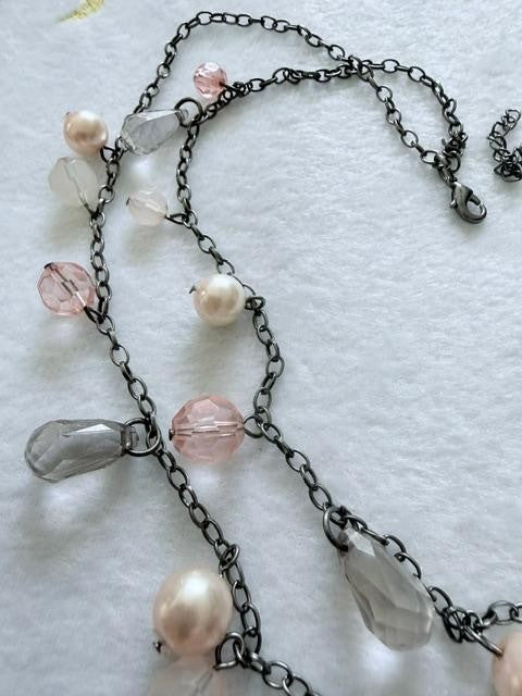 Gunmetal Double Strand Necklace Pink Beads Faux Pearls Gray Teardrops 22"