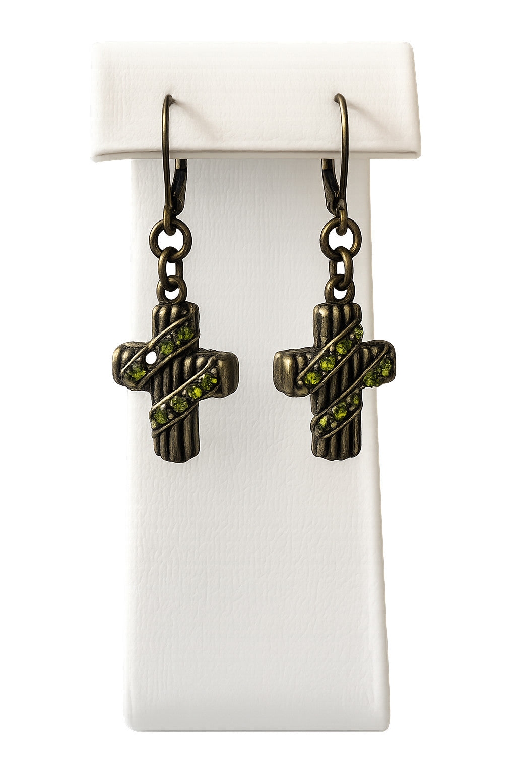 Antique Bronze Cross Dangle Earrings Green Rhinestone Pierced Drop Jewelry