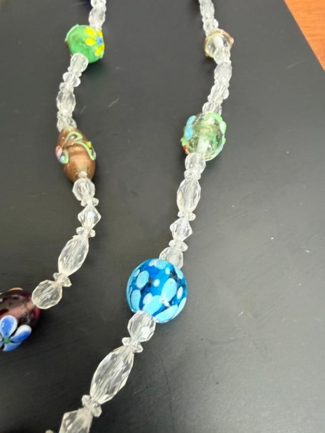 Extra-long multicolor lampwork-style glass bead necklace measuring approximately