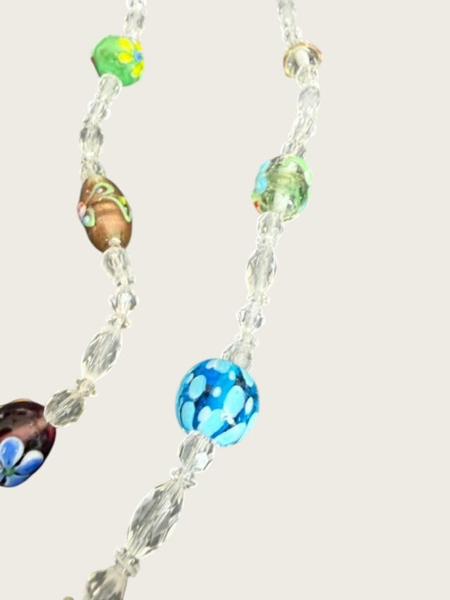 Extra-long multicolor lampwork-style glass bead necklace measuring approximately