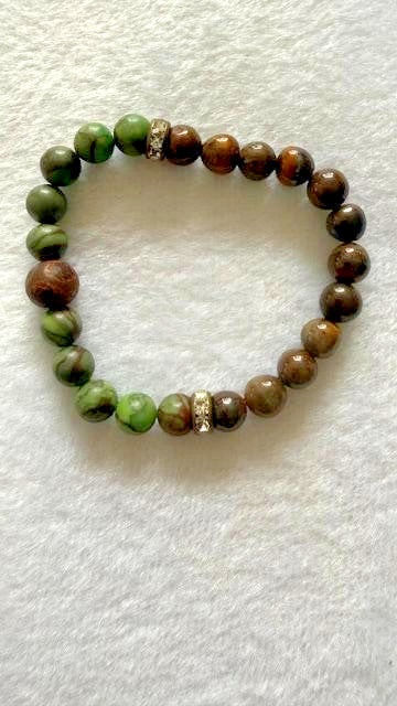 Green Brown Jasper Beaded Stretch Bracelet Rhinestone Spacer Accents