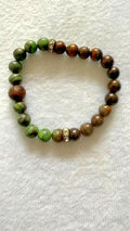 Green Brown Jasper Beaded Stretch Bracelet Rhinestone Spacer Accents