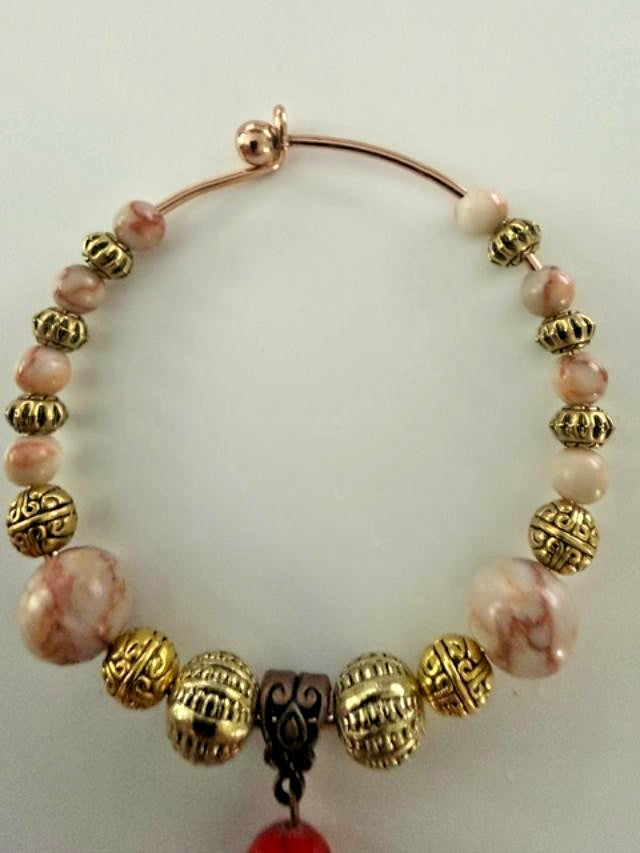 Boho Pink Red Mixed Bead Open Wire Bangle Bracelet Drop Charm 2.5"