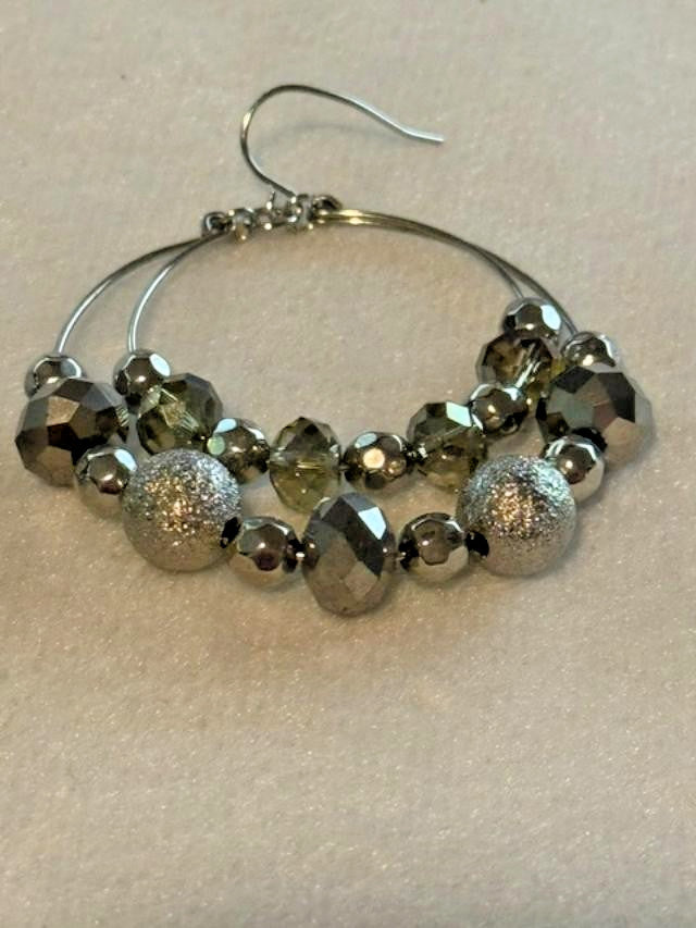 Silver Tone Double Hoop Smoky Faceted Bead Dangle Earrings