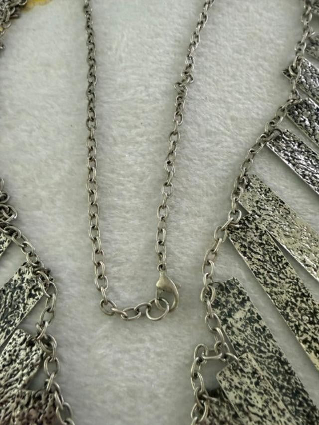 Vintage Silver Tone Fringe Statement Necklace Textured Bar Pendants 35"