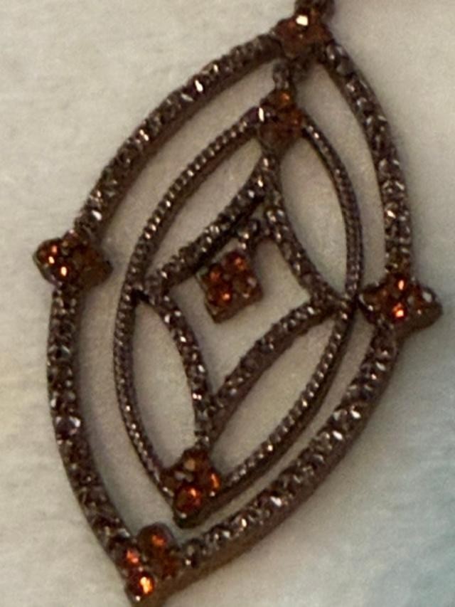 Art Deco Style Gunmetal Cognac Rhinestone Openwork Dangle Earrings 3 Inch