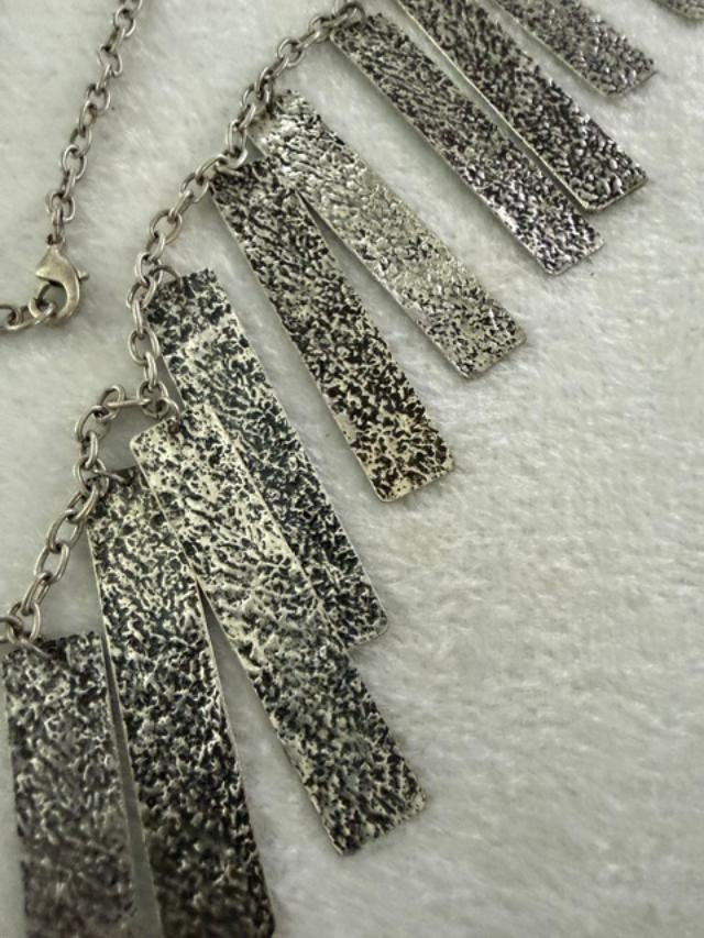 Vintage Silver Tone Fringe Statement Necklace Textured Bar Pendants 35"