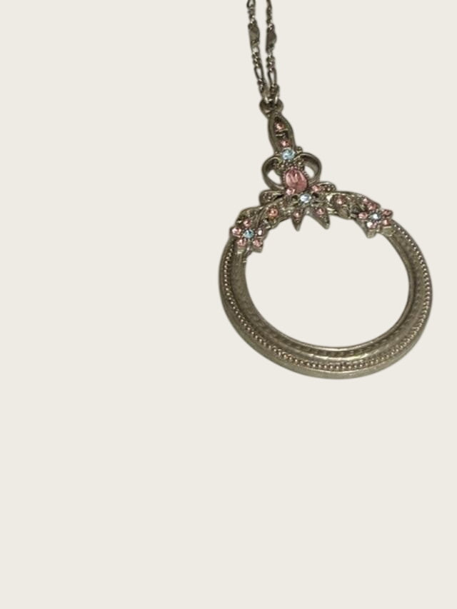 Vtg Pastel Pink Blue Rhinestone Magnifying Glass Jewelry Loupe Pendant Necklace