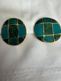 Vintage Clip-On Earrings : Deep teal green, turquoise & Gold Circle:  1.5”Diam.