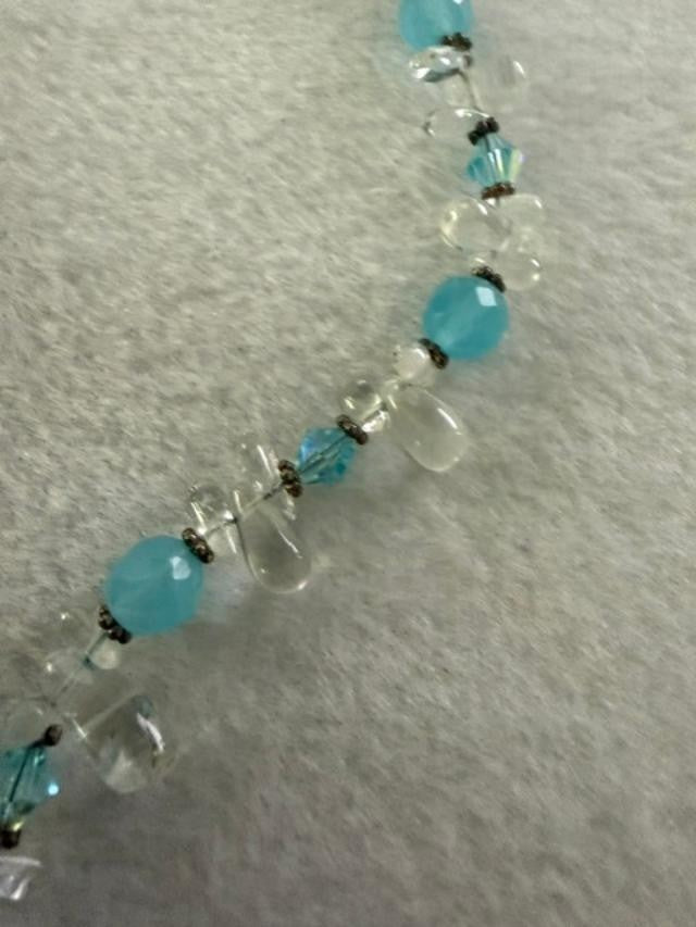 Handmade Aqua Glass Teardrop Pendant Necklace Clear Glass Crystal Beads 17"