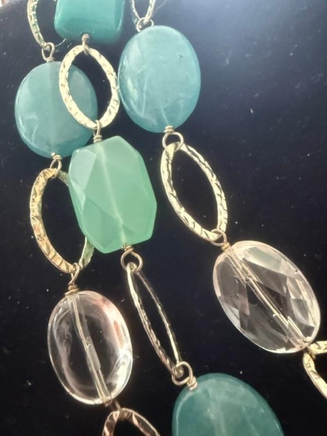 Aqua Turquoise Green Triple Strand Beaded Necklace Silver Tone 17" Unsigned