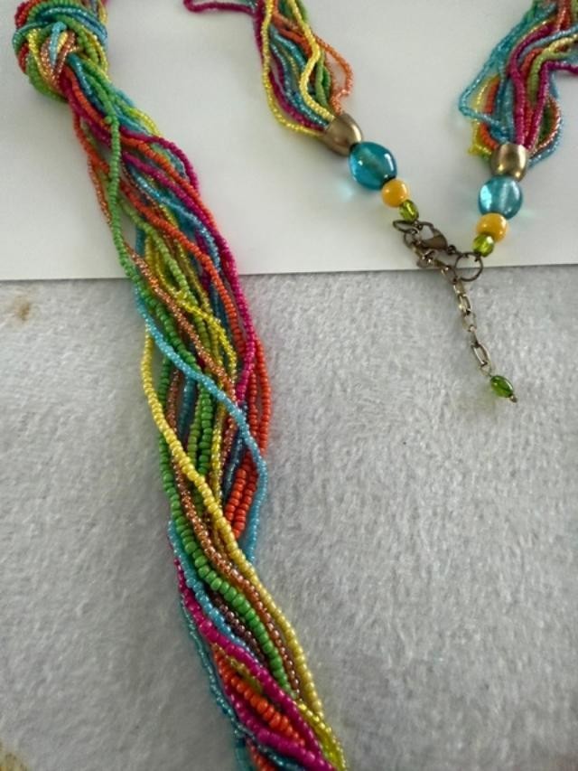 40" Multi Strand Rainbow Seed Bead Necklace Boho Knot Colorful Beaded