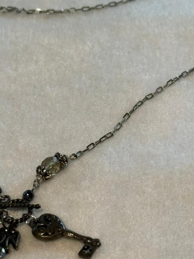 Silver Tone Skeleton Key Charm Necklace Crystal Beads Toggle Clasp 15 Inch