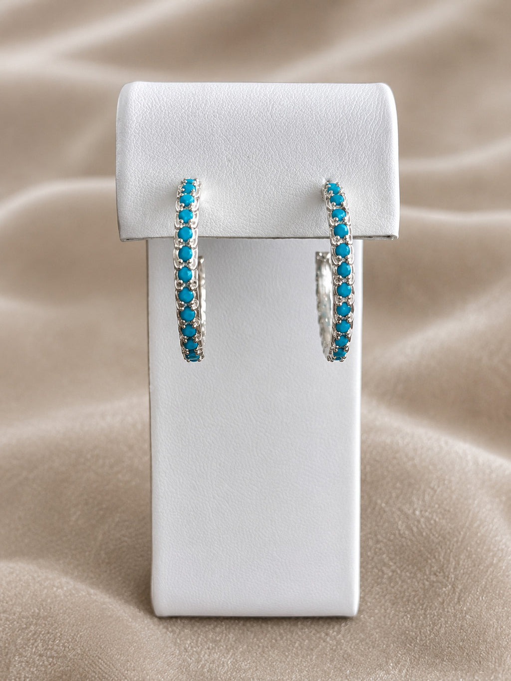 Silver Tone Turquoise Blue Rhinestone Open Hoop Pierced Earrings