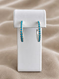 Silver Tone Turquoise Blue Rhinestone Open Hoop Pierced Earrings