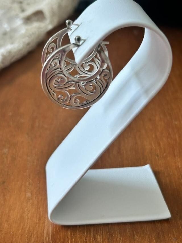 Silver-Tone Ornate Scroll Filigree Round Hoop Earrings Pierced