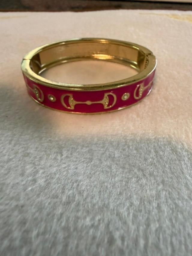 Vintage Pink Enamel Rhinestone Hinged Bangle Bracelet Gold Tone Art Deco Style