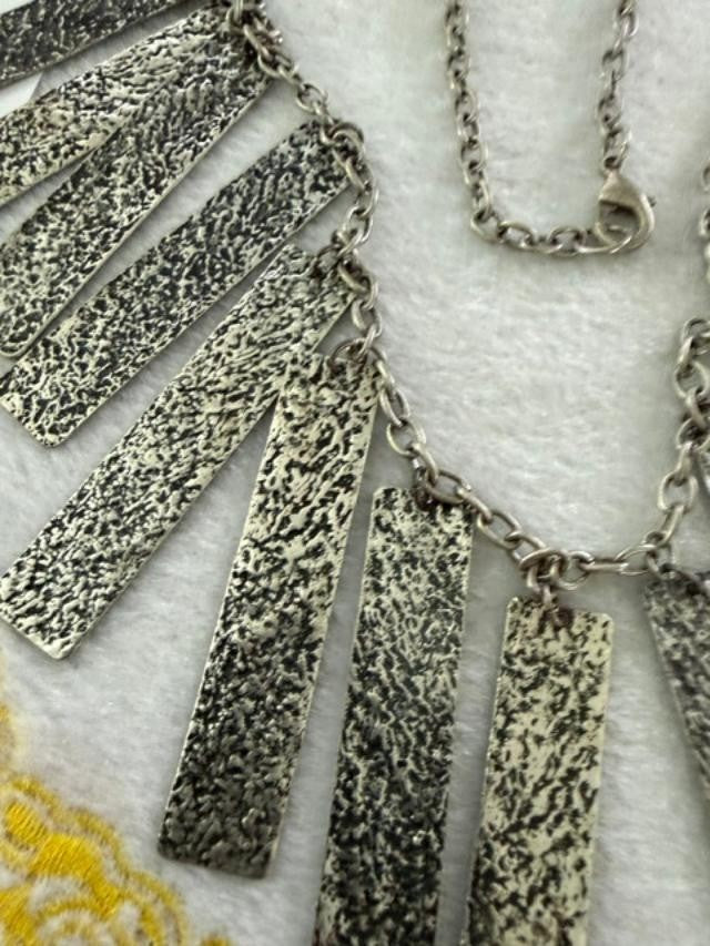 Vintage Silver Tone Fringe Statement Necklace Textured Bar Pendants 35"