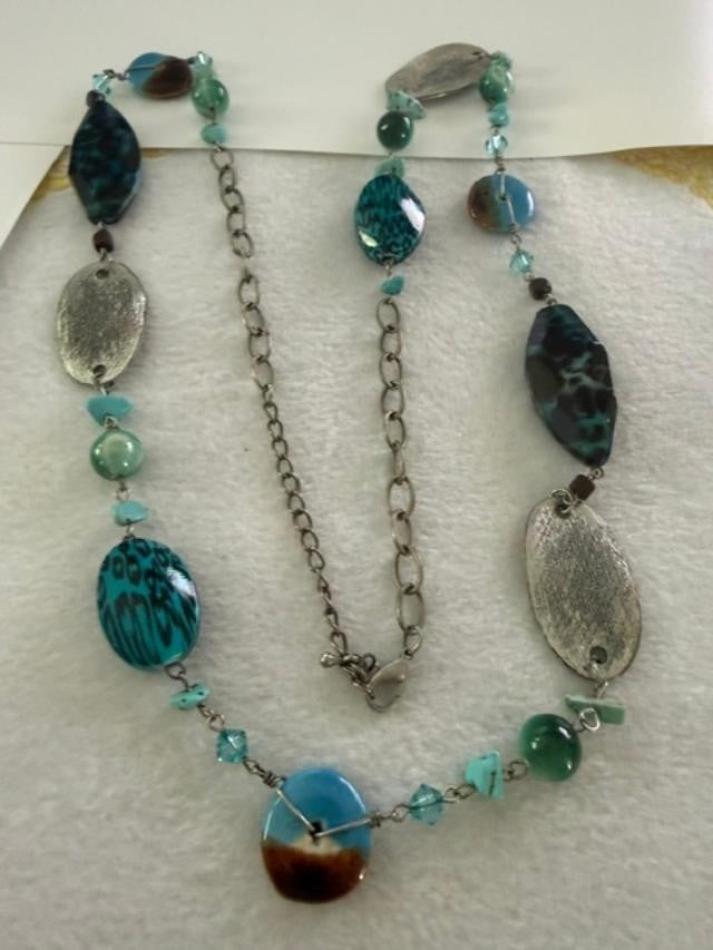Boho Long Station Necklace Silver Tone Teal Resin Glass Beads Turquoise Chips 34