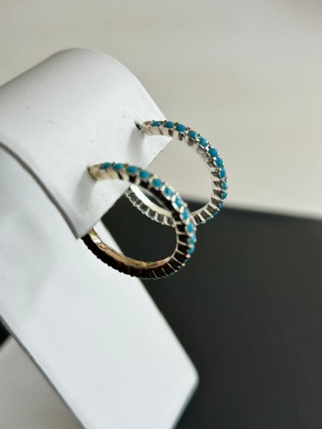 Silver Tone Turquoise Blue Rhinestone Open Hoop Pierced Earrings