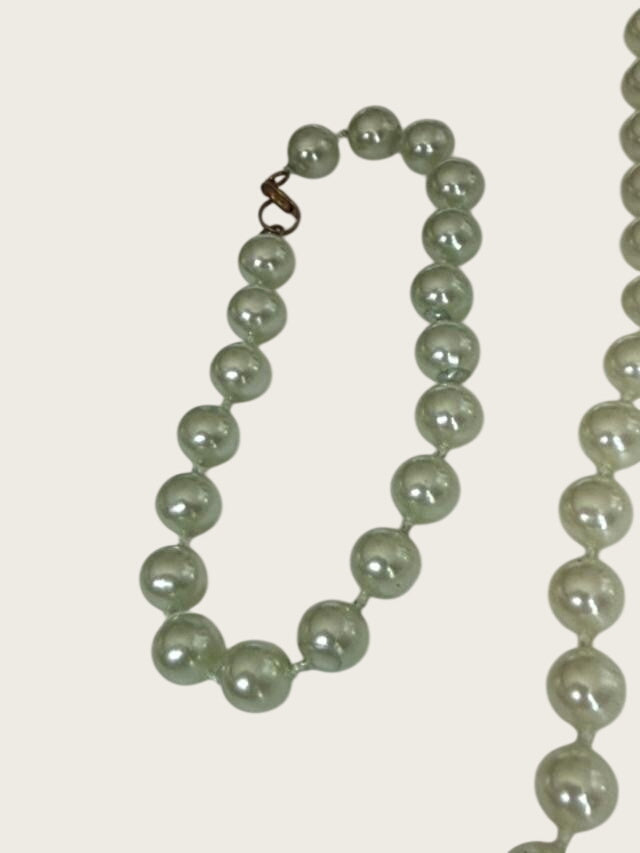 Pale Green Faux Pearl Necklace Bracelet Set Lot Seafoam Costume Jewelry