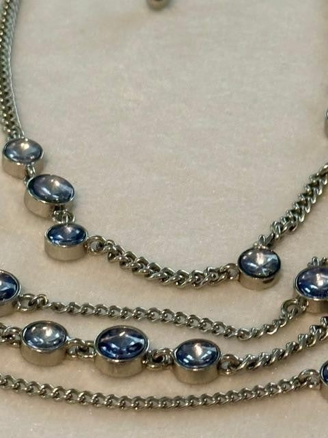Chico’s Linda Illusion Blue Crystal Multi Strand Necklace Silver Tone 21"
