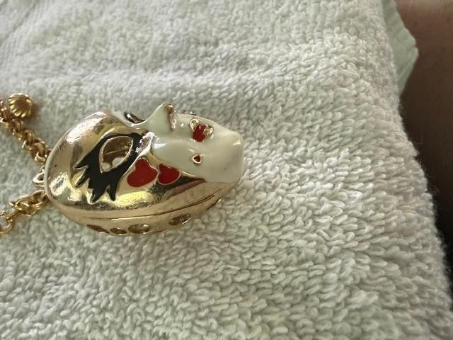 Vintage Gold Tone Venetian Masquerade Mask Pendant Necklace Enamel Rhinestone 31