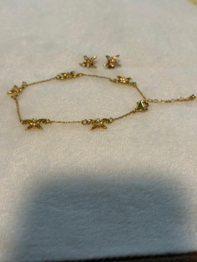 Avon Gold Tone Rhinestone Butterfly Anklet Bracelet Pierced Earrings Set