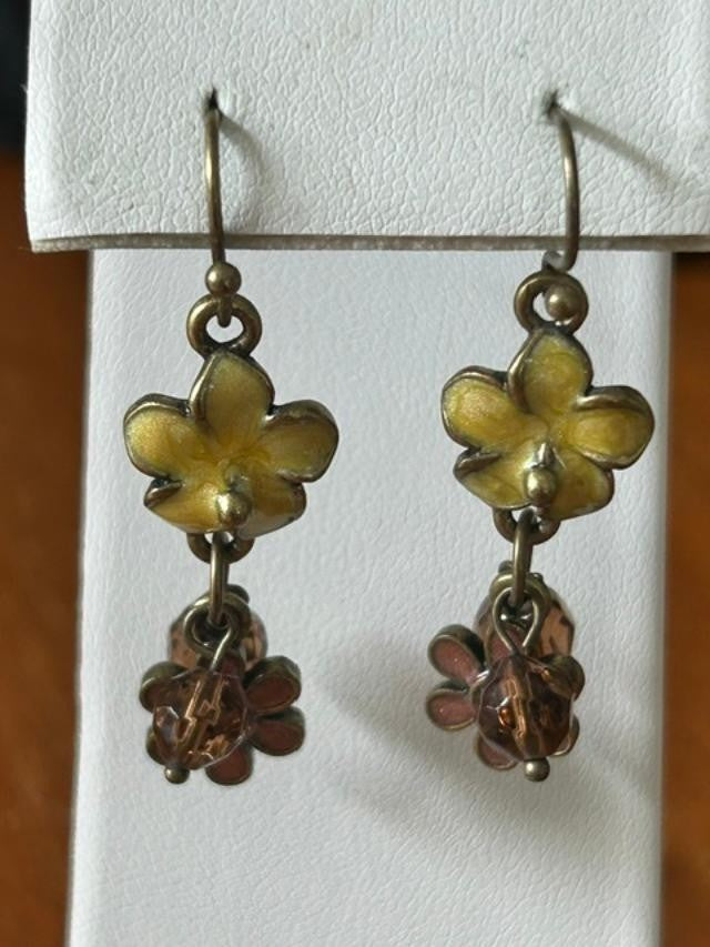 Yellow Enamel Flower Brown Bead Cluster Dangle Earrings Fishhook