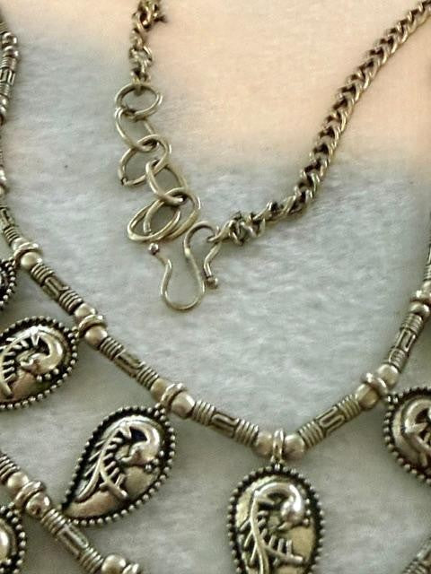 Oxidized Silver Tone Multi Strand Paisley Leaf Bib Necklace 23 Inch Boho