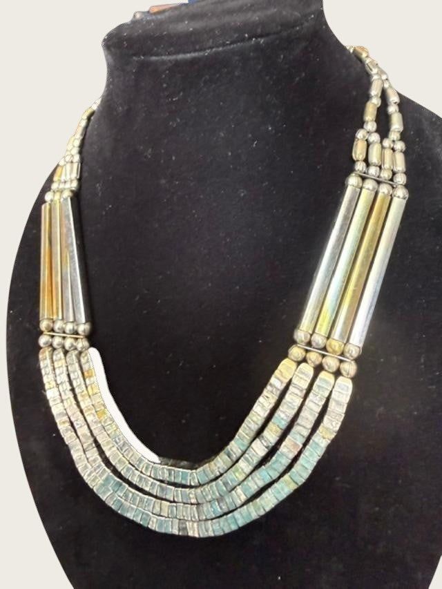 Vtg Egyptian revival tribal statement Bib necklace silver tone beads
