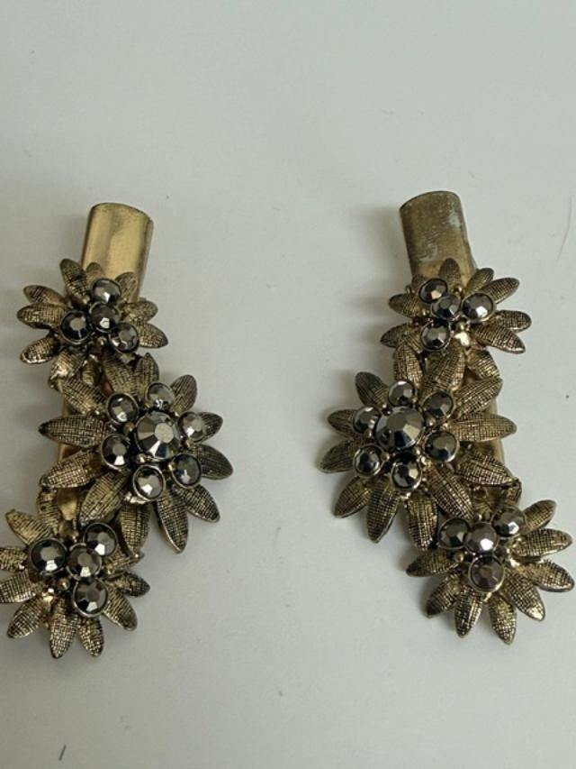 Pair Gold Tone Rhinestone Floral Hair Clips Barrettes 2"