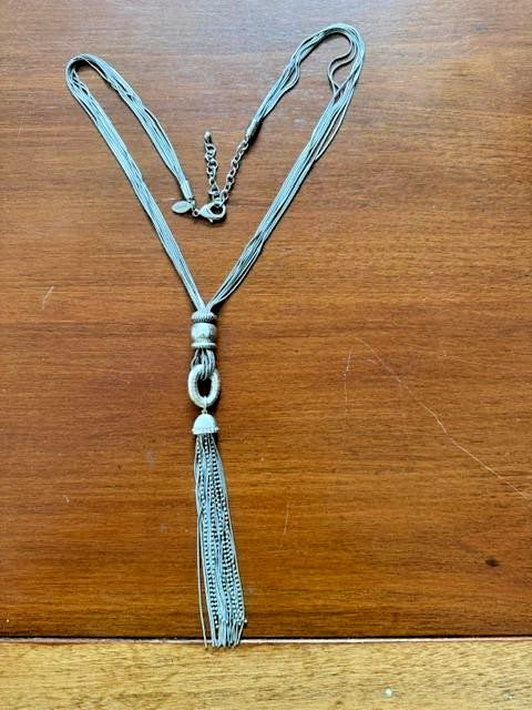 Chico’s Silver Tone Multi Strand Chain Tassel Necklace 33” Long 8” Pendant