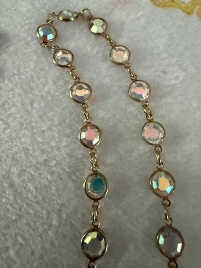 Gold Tone Aurora Borealis Crystal Station Necklace 17" Faceted No Clasp
