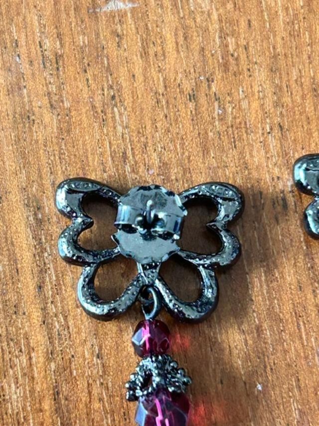 Pink Rhinestone Butterfly Dangle Earrings Gunmetal Tone Pierced