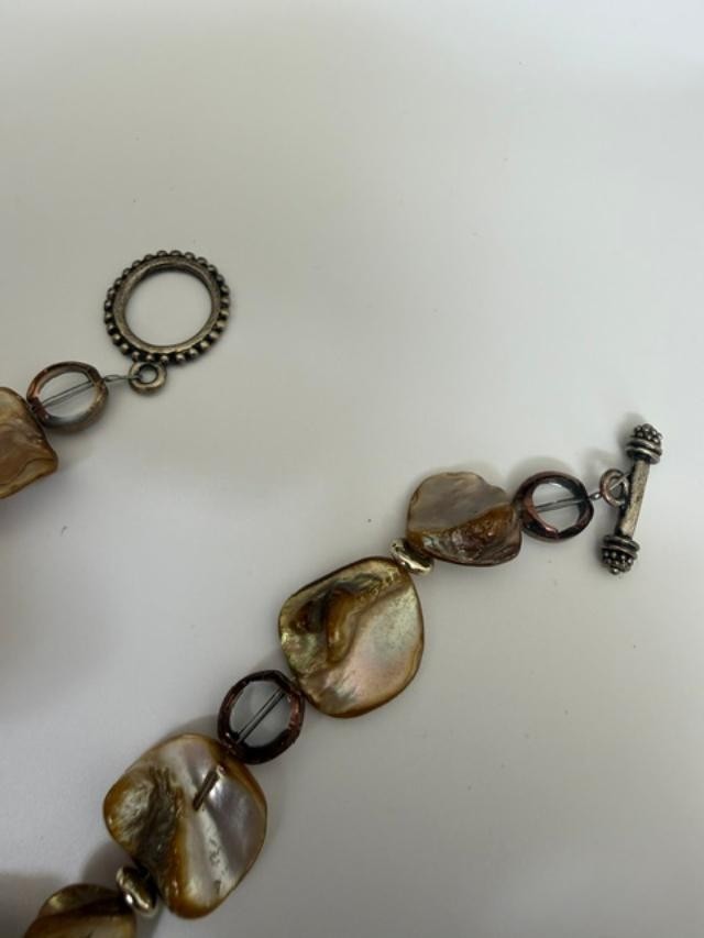 8" Brown Mother of Pearl Shell Nugget Smoky Glass Bead Toggle Bracelet
