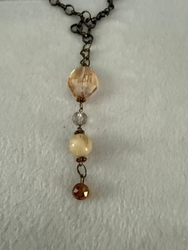 Vintage Style Bronze Tone Y Drop Necklace Champagne Amber Beads 22"