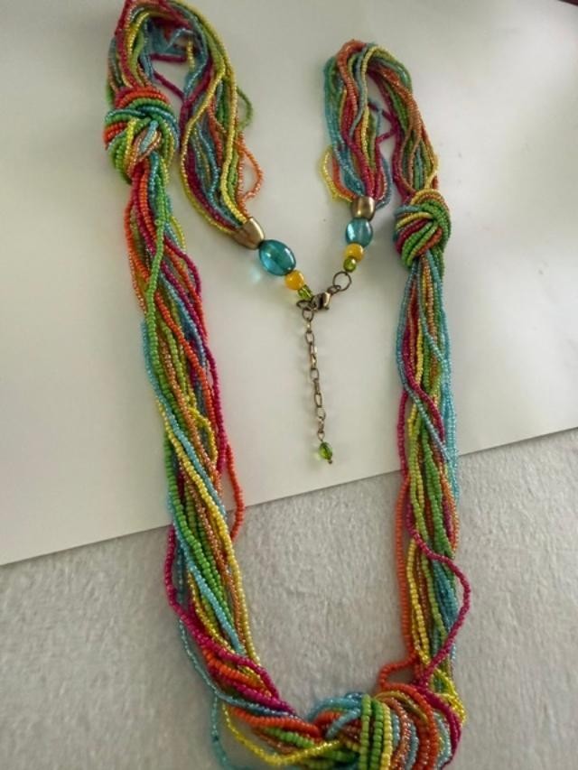 40" Multi Strand Rainbow Seed Bead Necklace Boho Knot Colorful Beaded