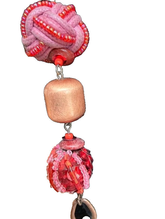 36" Boho Pink Woven Textile Bead Necklace & Earring Set Copper Tone Artisan Sty