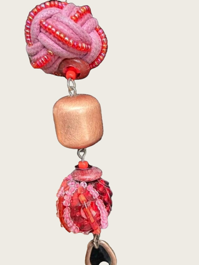 36" Boho Pink Woven Textile Bead Necklace & Earring Set Copper Tone Artisan Sty