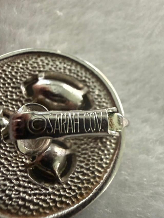 Vintage Sarah Coventry Abstract Face Rhinestone Clip On Earrings Silver Tone
