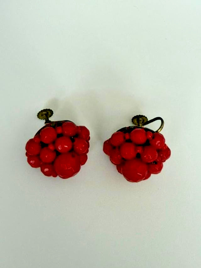 Red Ball Cluster Design Style Women's Earrings Jewelry 0.75" Screw On